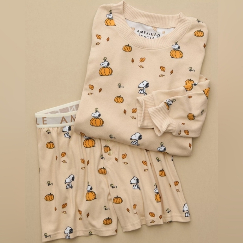 American Eagle Peanuts Fall Pumpkin Plush PJ Sleep Set NWT
